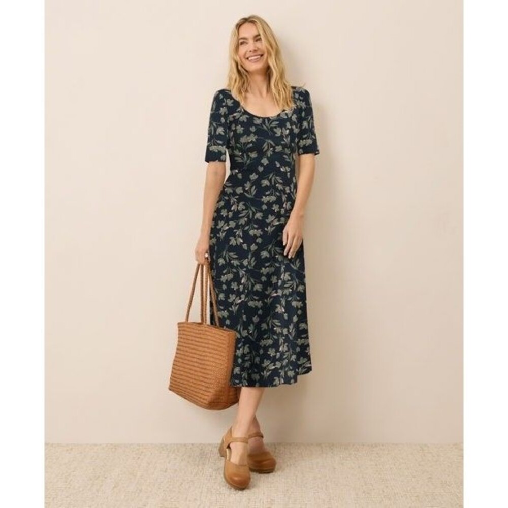PACT Organic Fit & Flare Signature Scoop Dress Painted Petals Midnight Blue - L